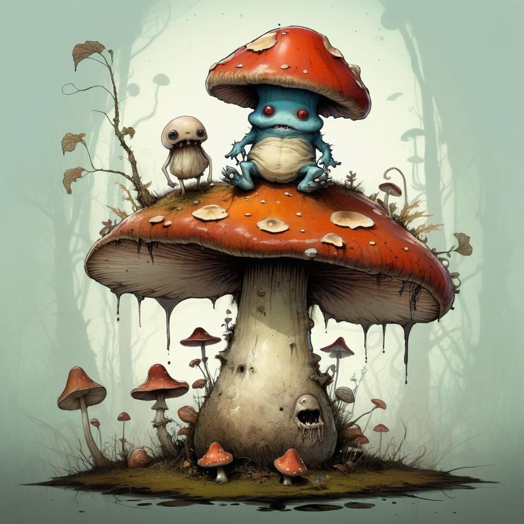 Surreal Monster Illustration on a Mushroom