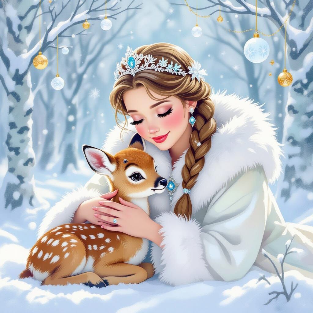Snow Maiden Embraces Fawn in Snowy Forest
