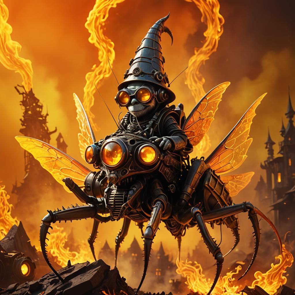 Giger-Inspired Gnome Rides Flame Praying Mantis