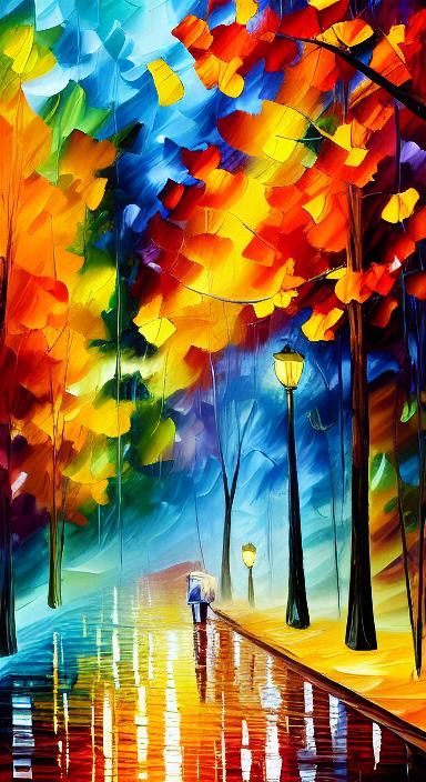 Vibrant Autumn Night in Park: Afremov-Inspired Painting