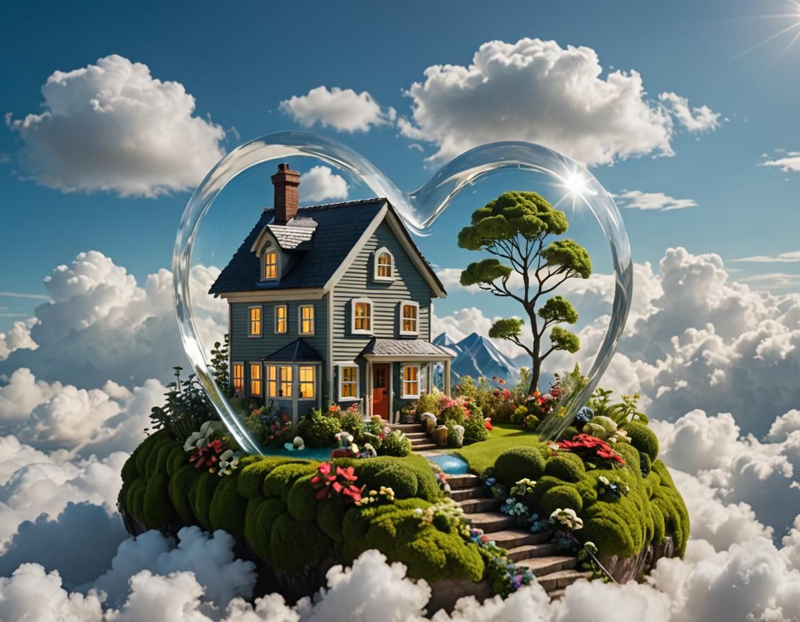 Heart-Shaped Cottage Floating Among Clouds