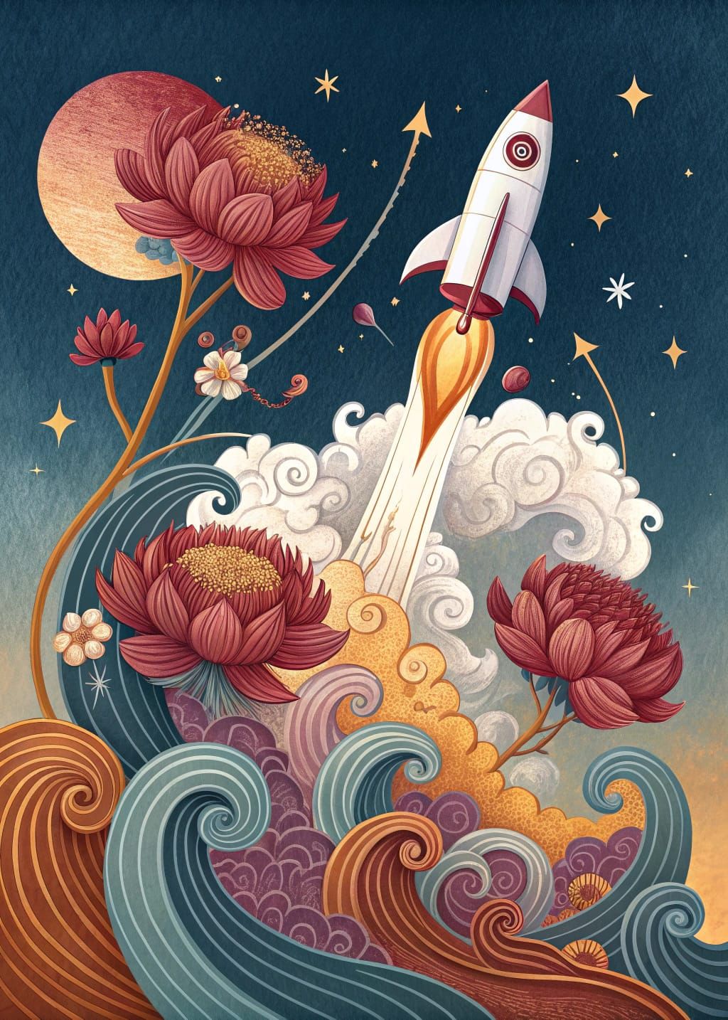 Ukiyo-e Rocket Launch in Floral Flames