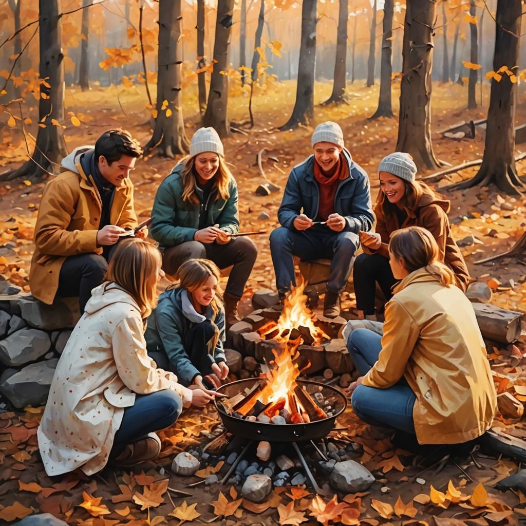 Friends Around Campfire in Impressionistic Watercolor