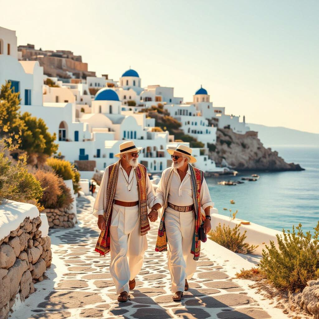 Gay Couple Stroll on Greek Island Beach