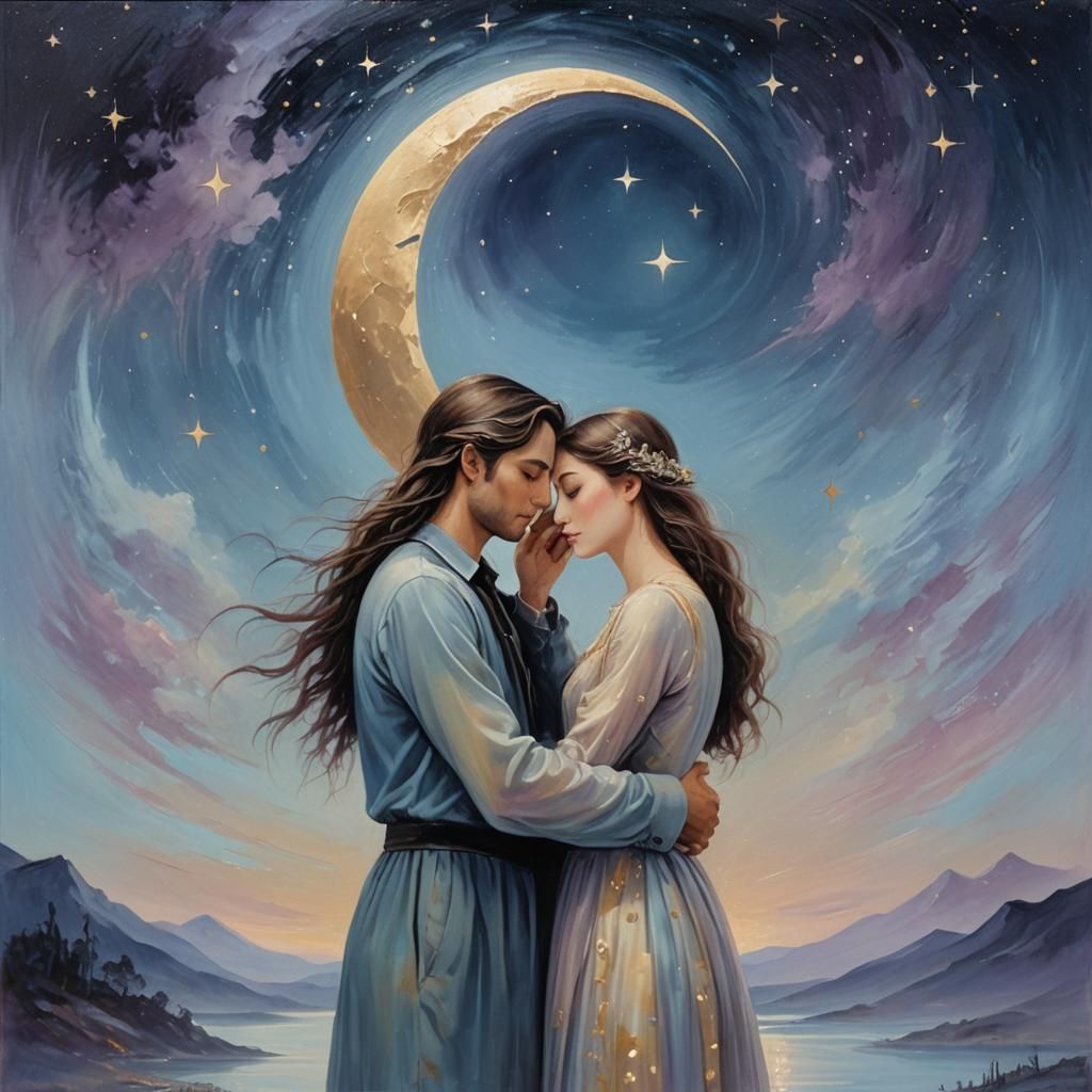 Romantic Embrace Under Moonlight: Surrealist Oil Painting