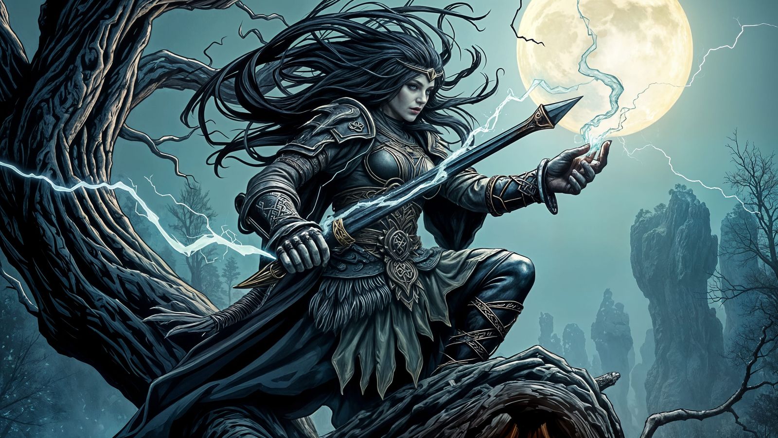 Sorceress Summons Storm Atop Ancient Oak