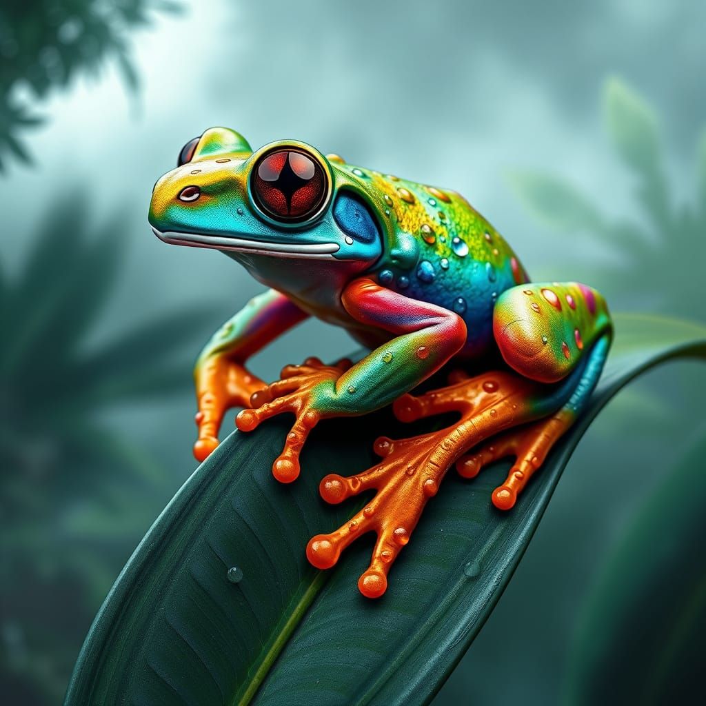 Vibrant Frog in Lush Rainforest, Hyper-Realistic 3D Art