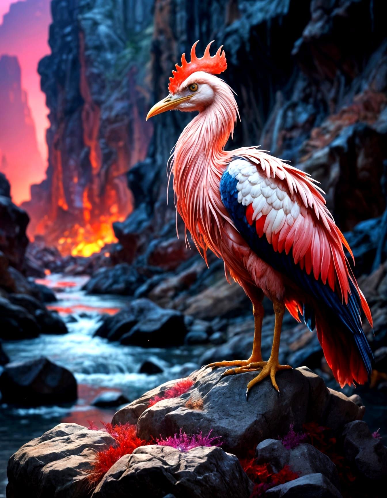 Majestic Heron-Rooster Hybrid in Volcanic Landscape