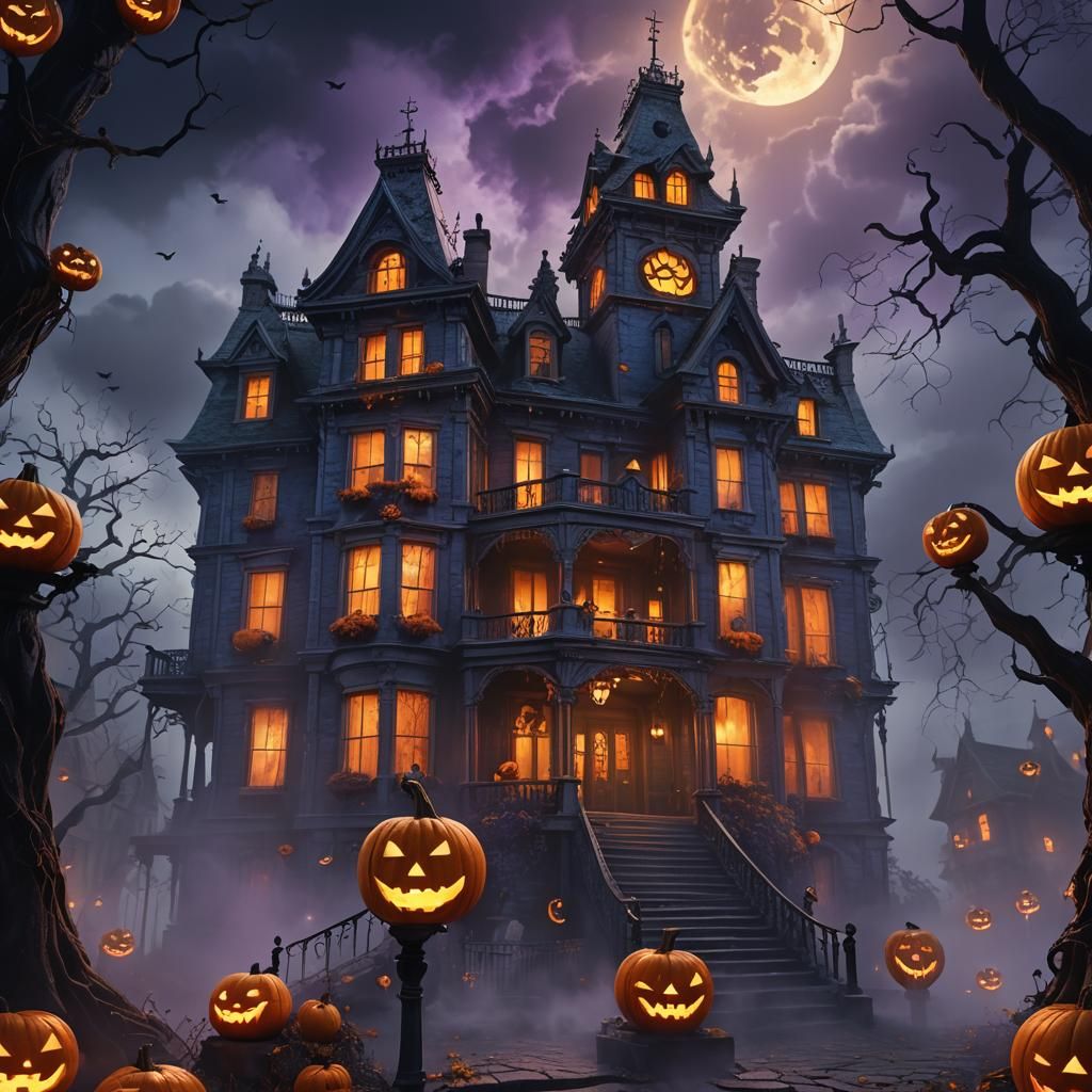 Eerie Haunted Mansion with Jack-o'-Lanterns: Fantasy Art
