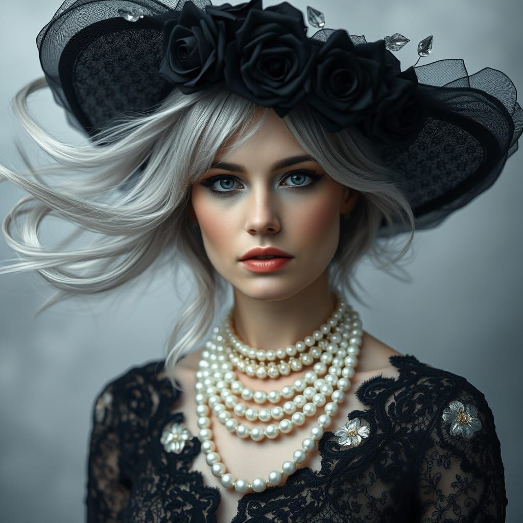 Elegant Woman in Black Lace and Pearls
