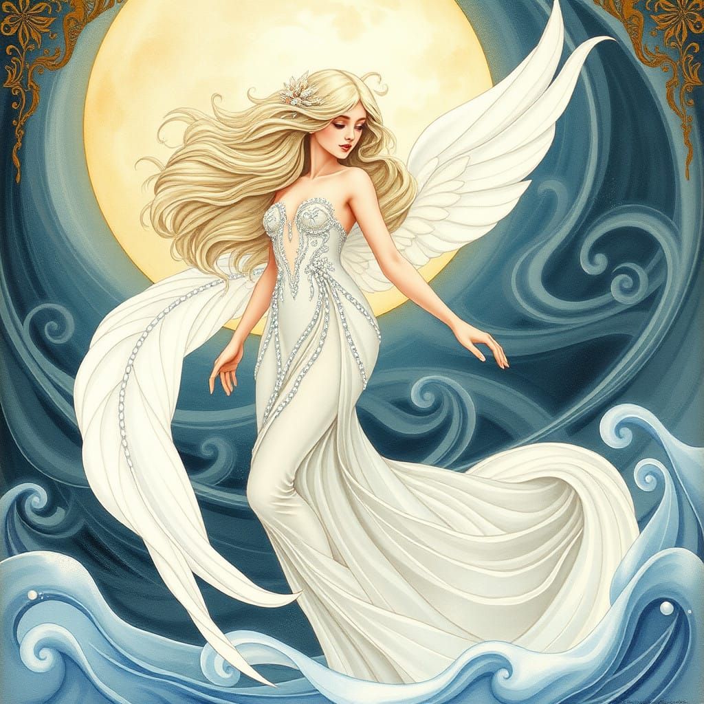 Ethereal Art Nouveau Nymph with Swan's Tail