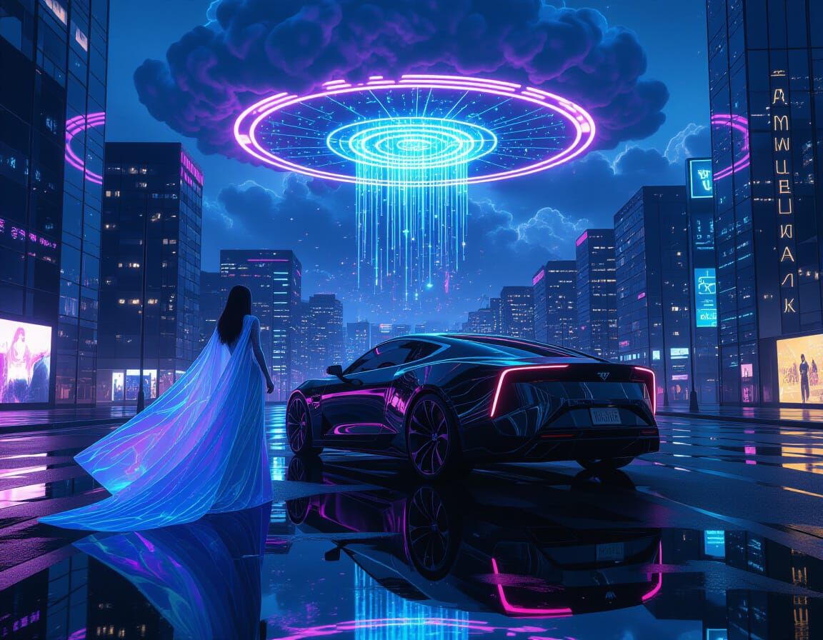 Holographic Reflections in Dark Fantasy Cityscape