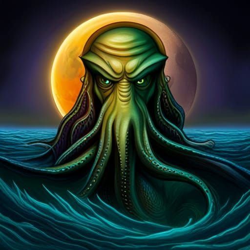 Hyperrealistic Cthulhu Framed by the Moon