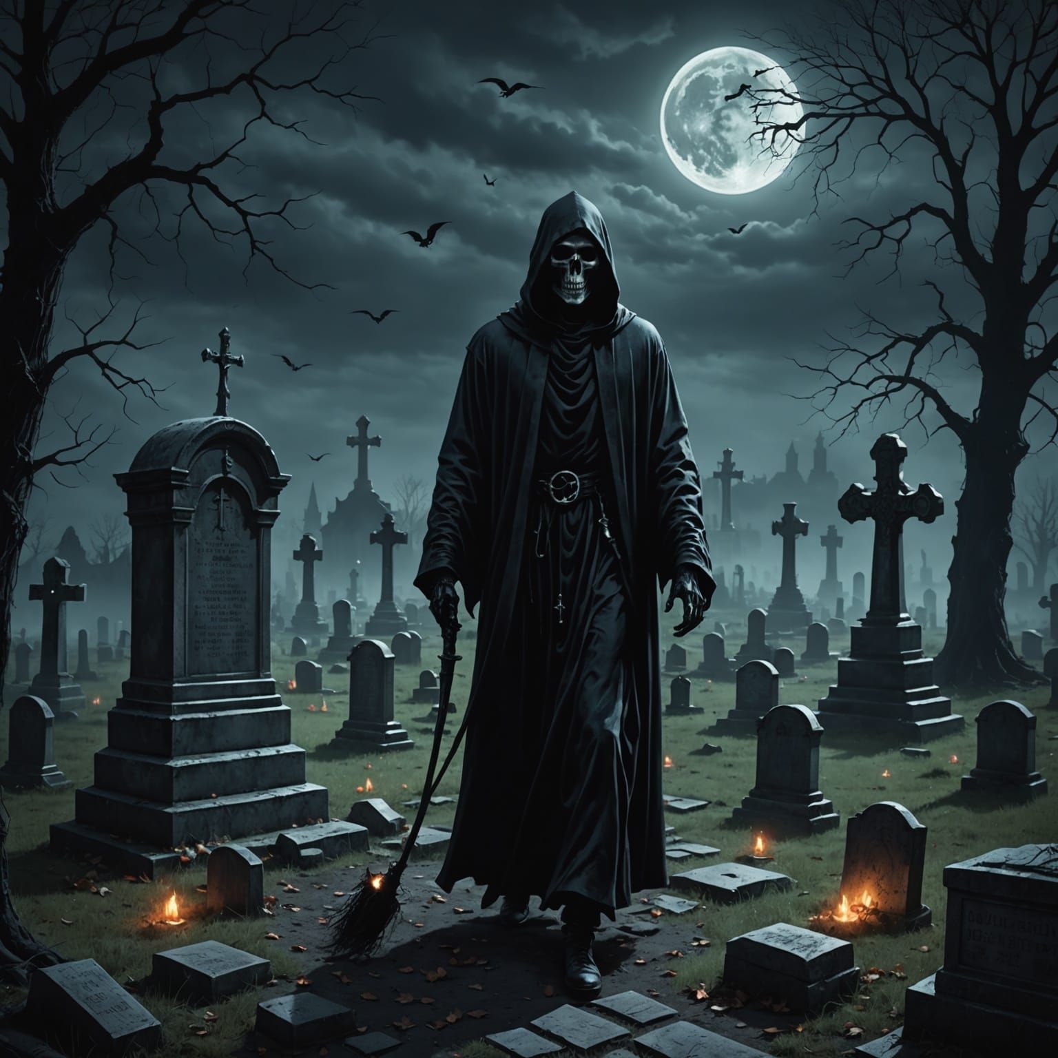 The Grim Reaper Collects a Soul in a Dark Cemetery