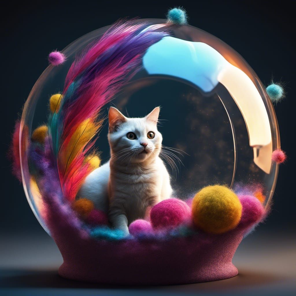 Cat and Anchovies in Luxurious Glass Ball, Digital Art