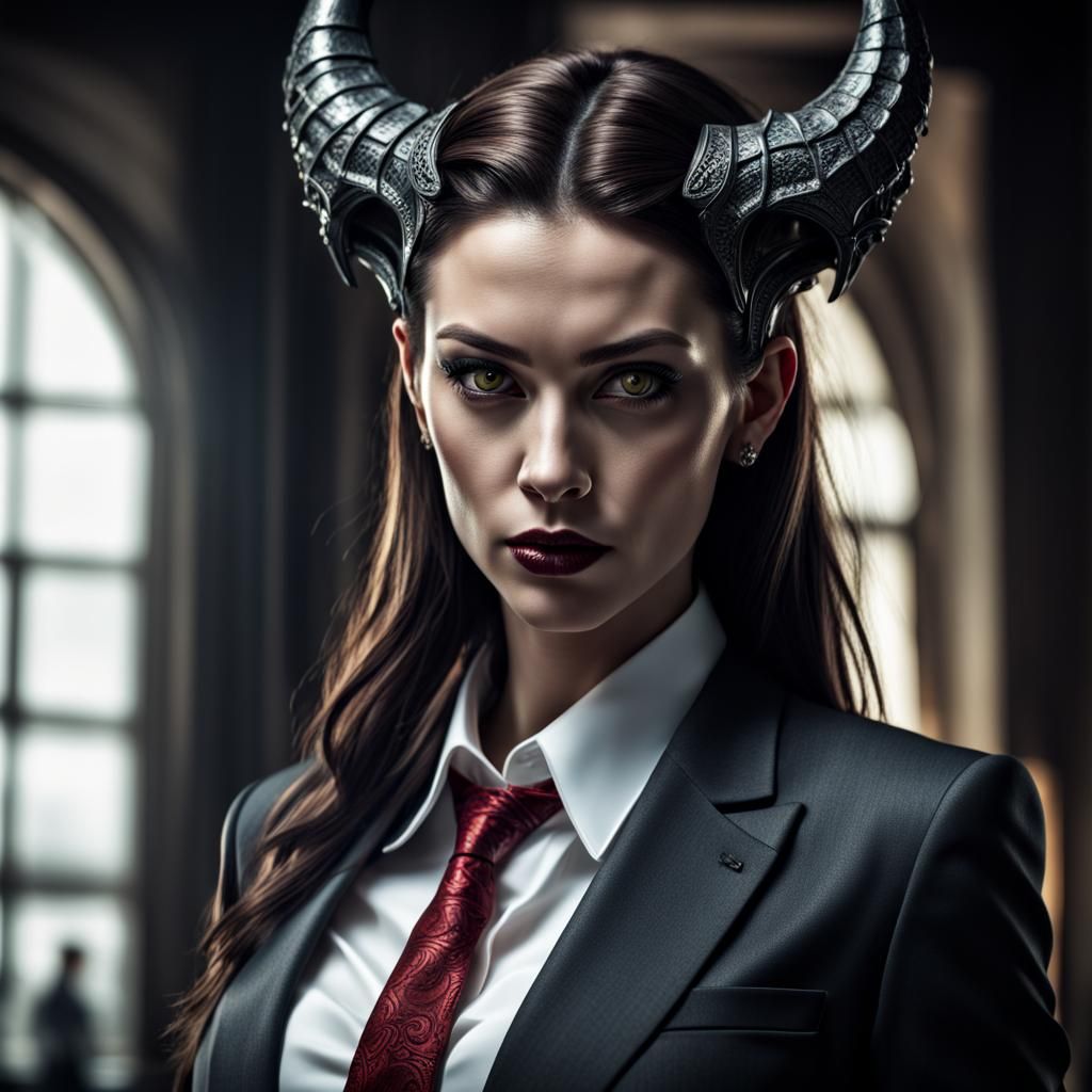 Hyperrealistic Female Demon in Business Suit