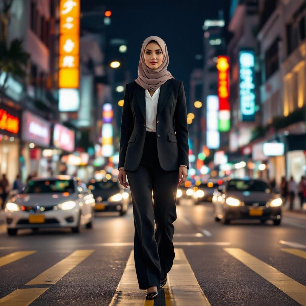 Muslim Woman in Business Suit on Busy Singapore Street