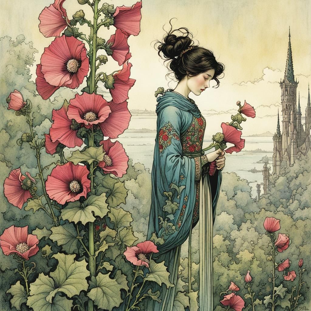 Delicate Hollyhock Blossom Illustration