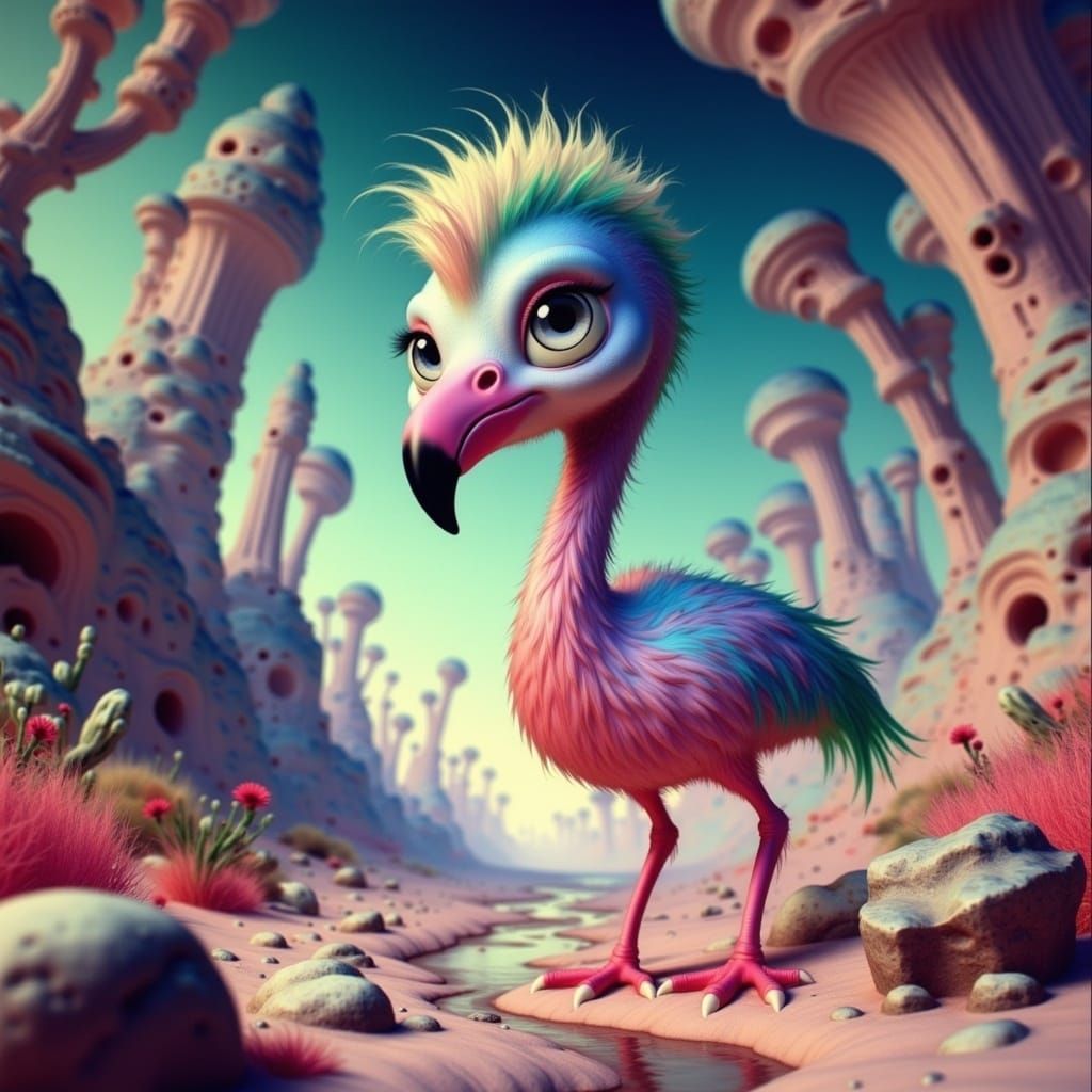 Surreal Flamingo Wandering through a Futuristic Desert Lands...
