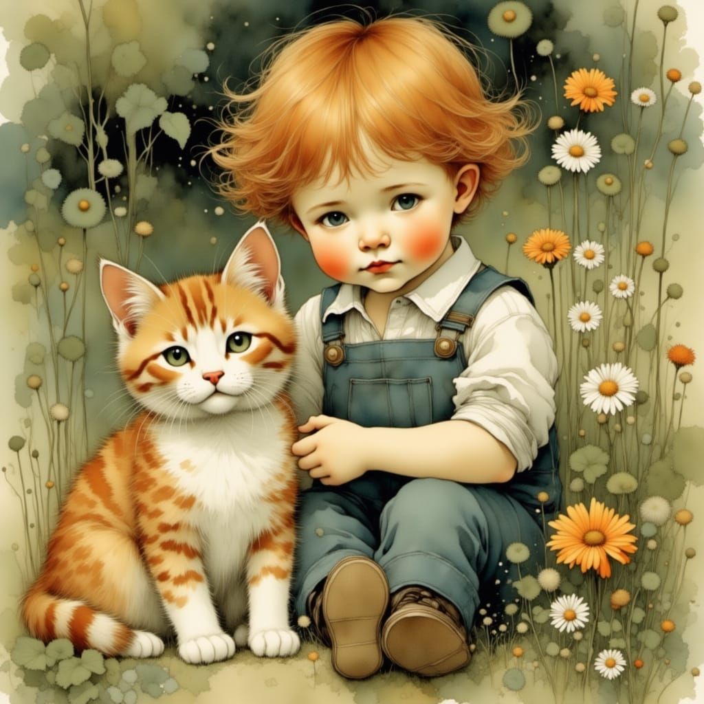 Redhead Boy and Ginger Cat, Vintage Illustration