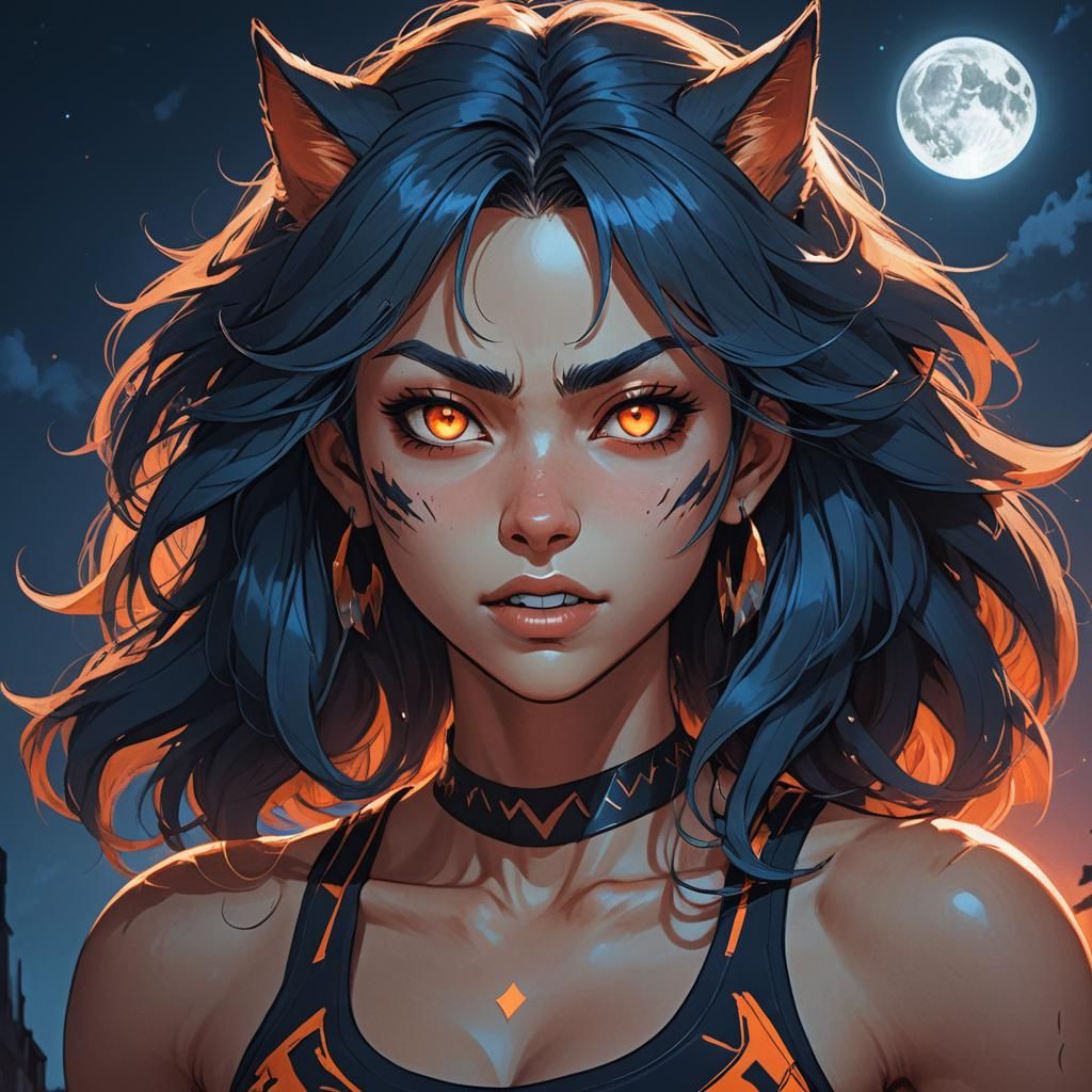 Fierce Anime Werewolf Girl Portrait in Studio Trigger Style