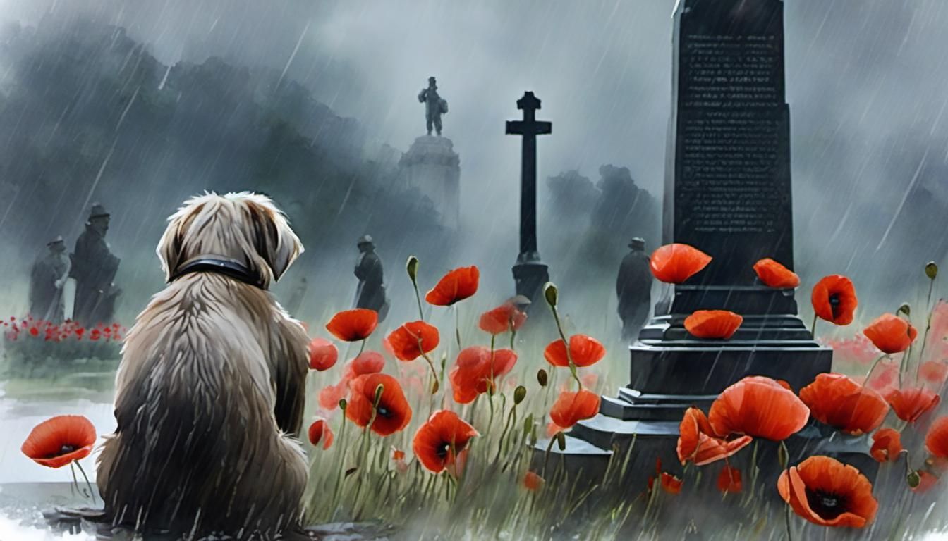Dog and War Memorial in Rainy Watercolor