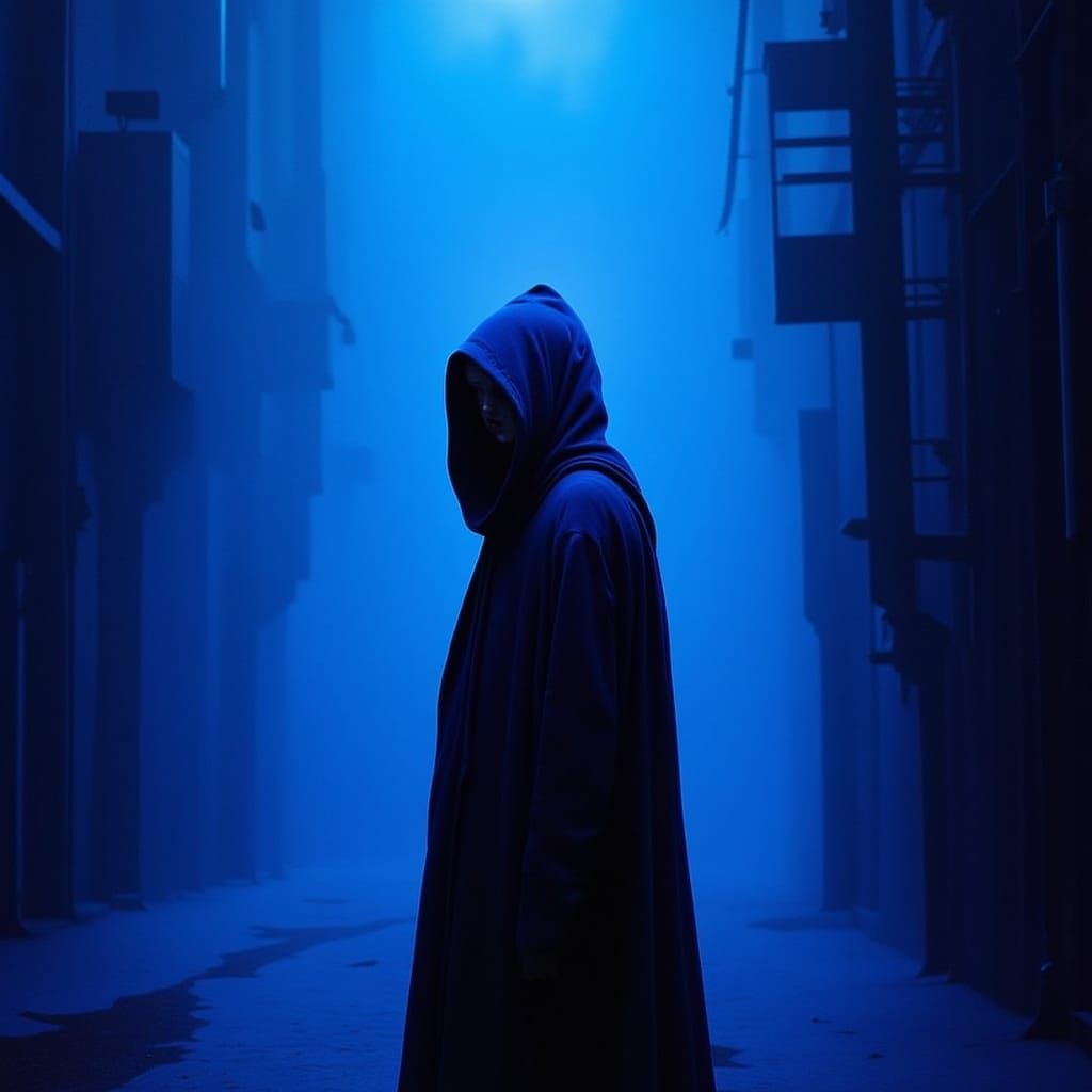 Midnight Blue Figure in a Cerulean Cityscape