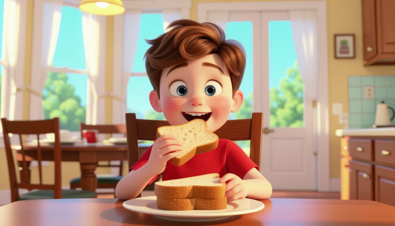 Boy Eating Bread in 3D Pixar Animation Style