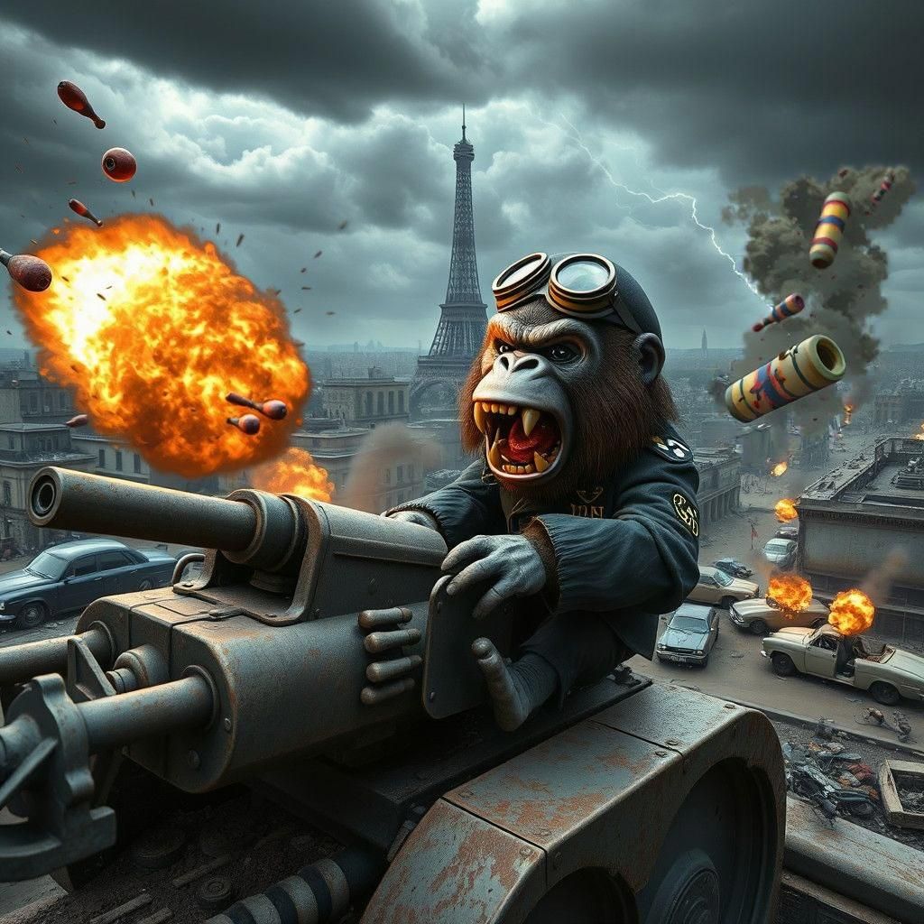 Chibi Gorilla in WWII German Uniform Firing Howitzer