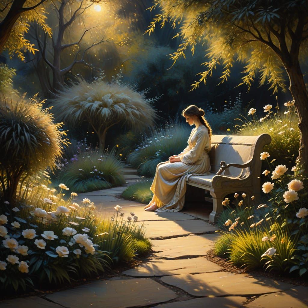 Moonlit Garden: Impressionist Painting in Golden Light