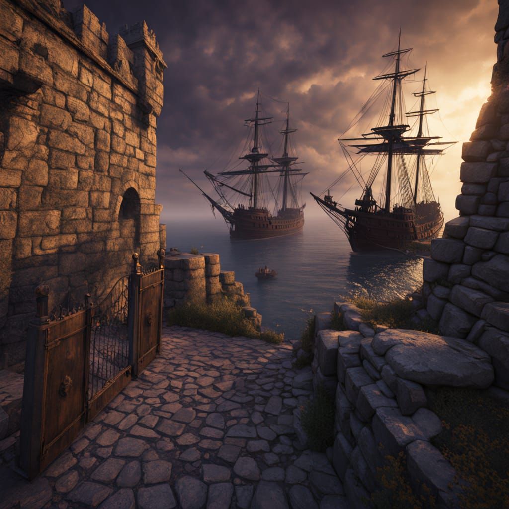 Dark Fantasy Pirate Ships Engage Fortified Harbor in Epic Ba...