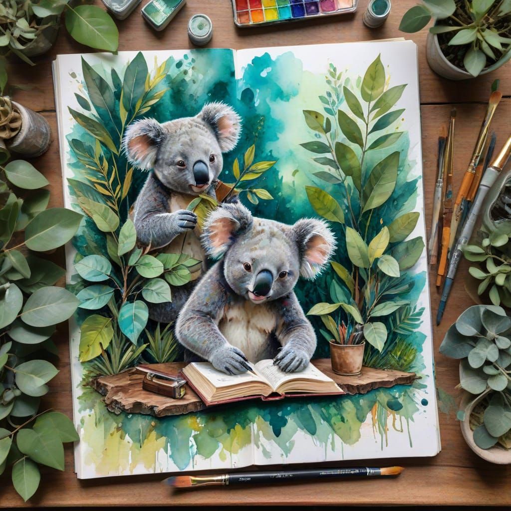 Vibrant Jungle Scene with Koalas in Impasto Art Style