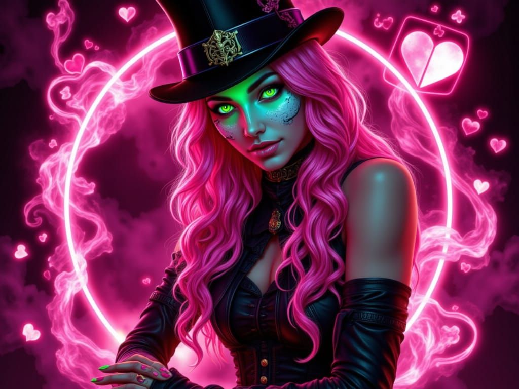 Neon Pink Haired Woman in Mask Kneels in Cyberpunk City