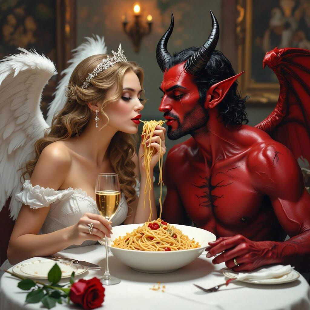 Angel and Devil Share Spaghetti in Romantic Dinner Scene