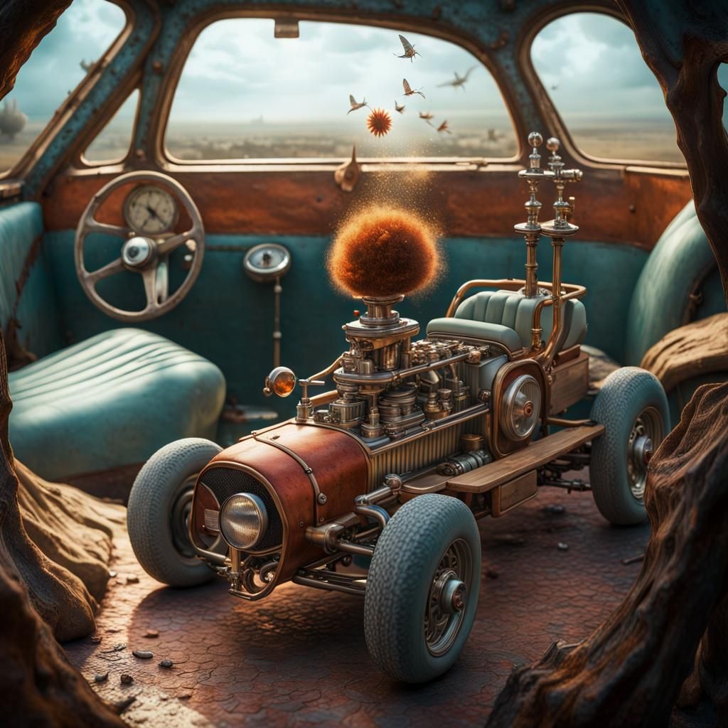 Surreal Racing Cars Chase a Rising Sun