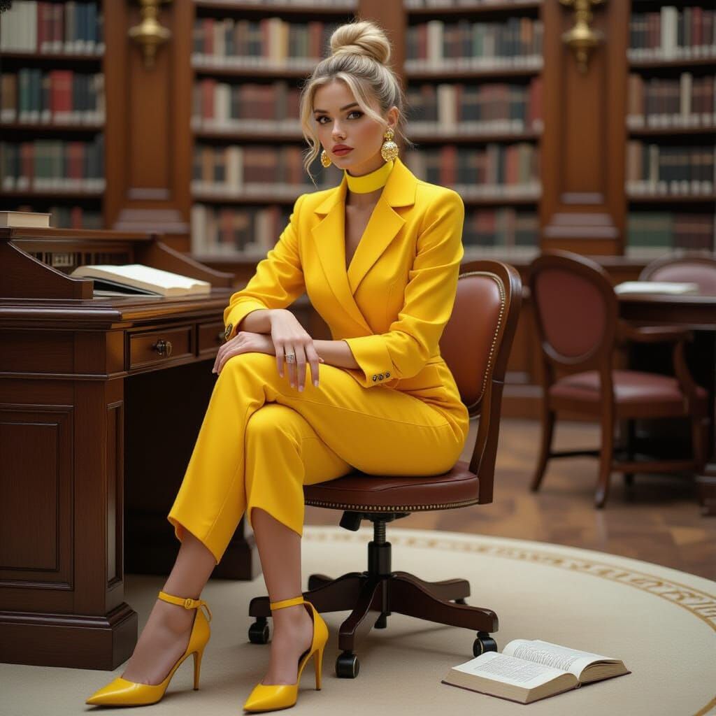 Woman in Yellow Jumpsuit at Library Desk