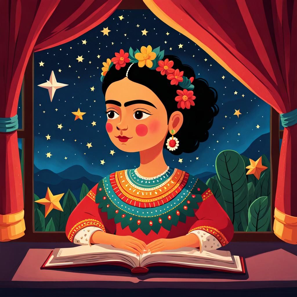 Cute Frida Kahlo in Starry Night Sky