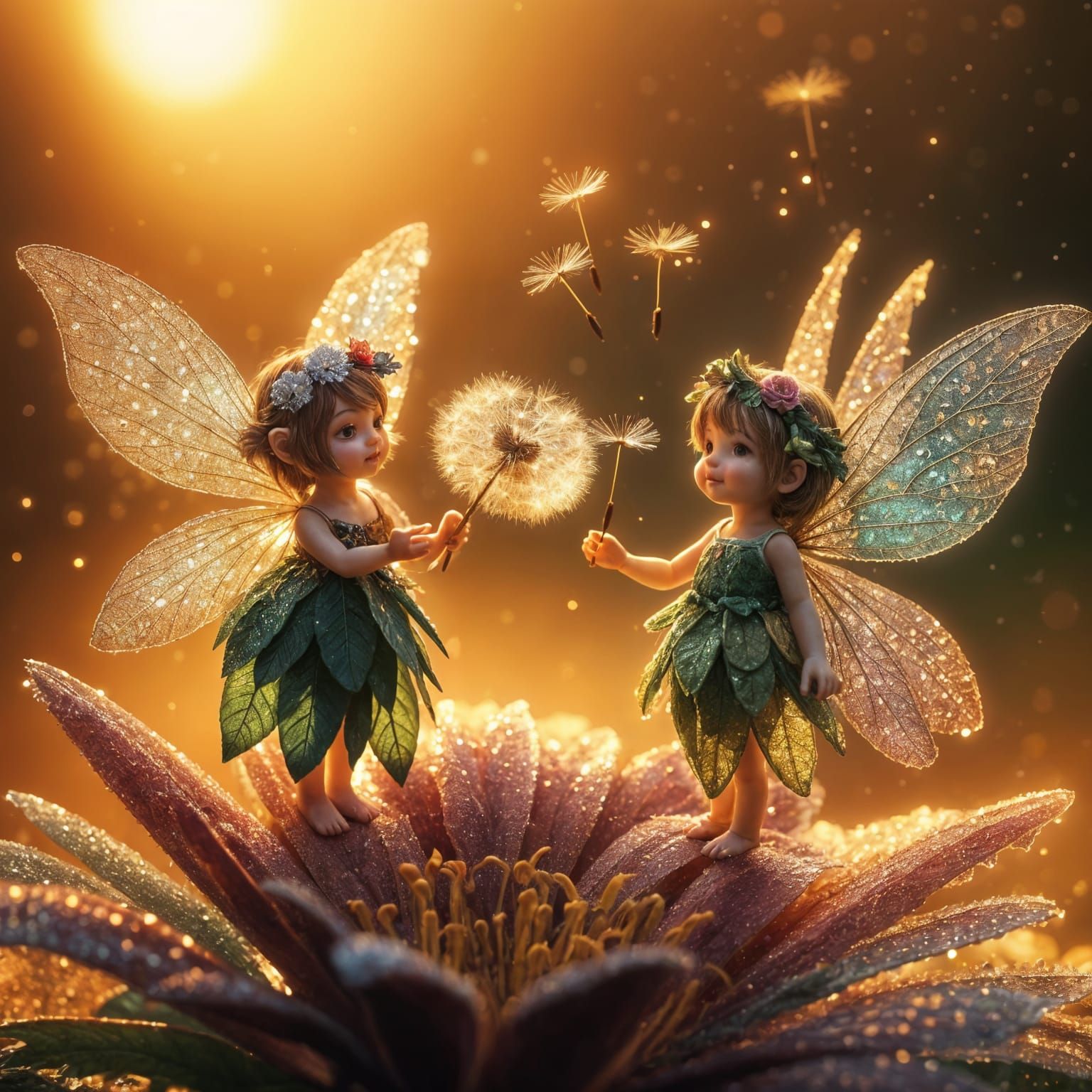 Fairies Offer Dandelion Seeds in Misty Forest