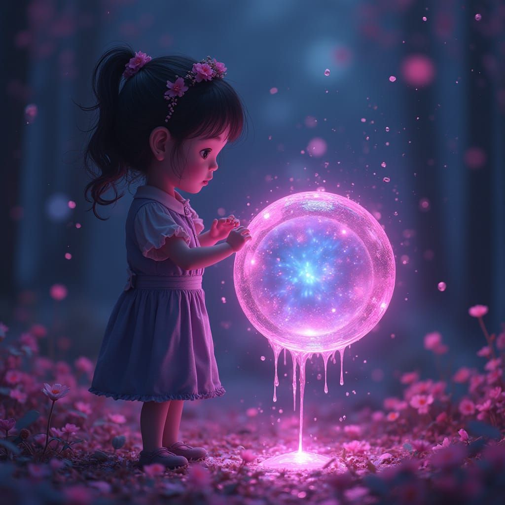 A Girl in a Plasma Orb Selects a Vibrant Plasma Bloom