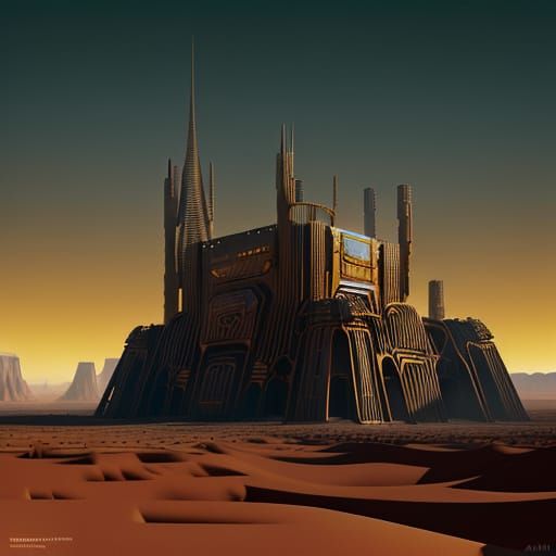 Massive Steel Fortress in a Vast Desert Landscape