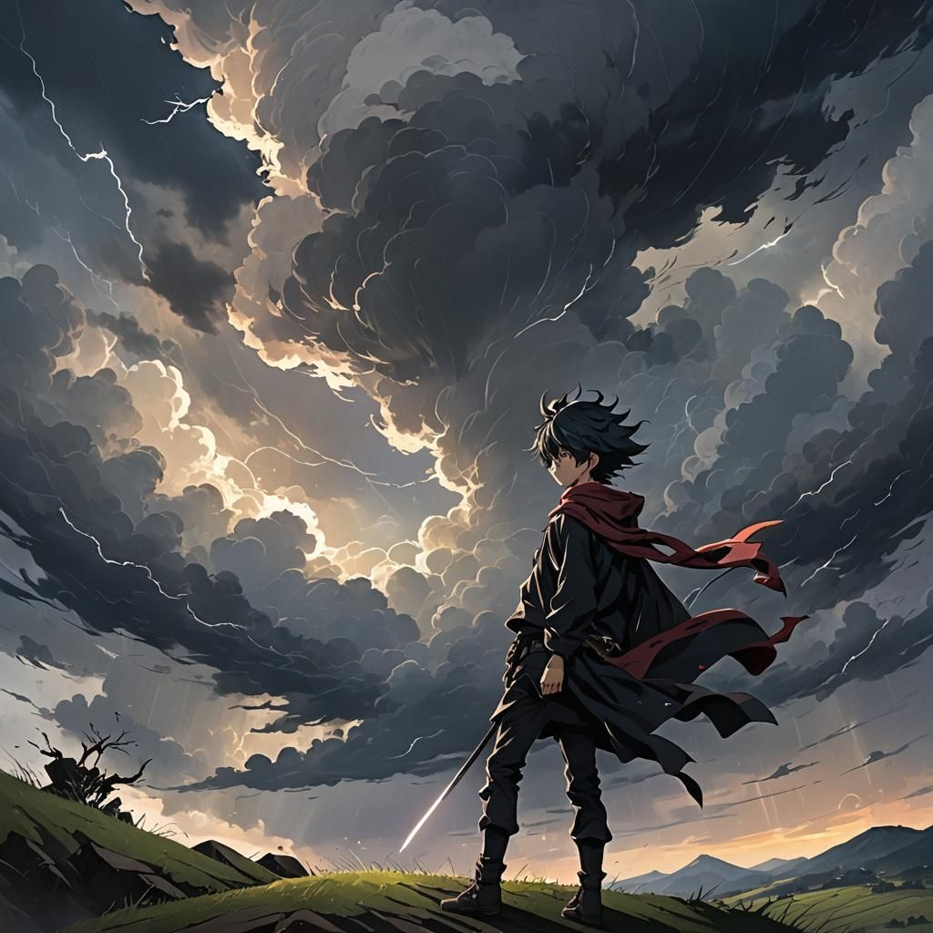 Anime Hero Confronts Storm on Windswept Hill