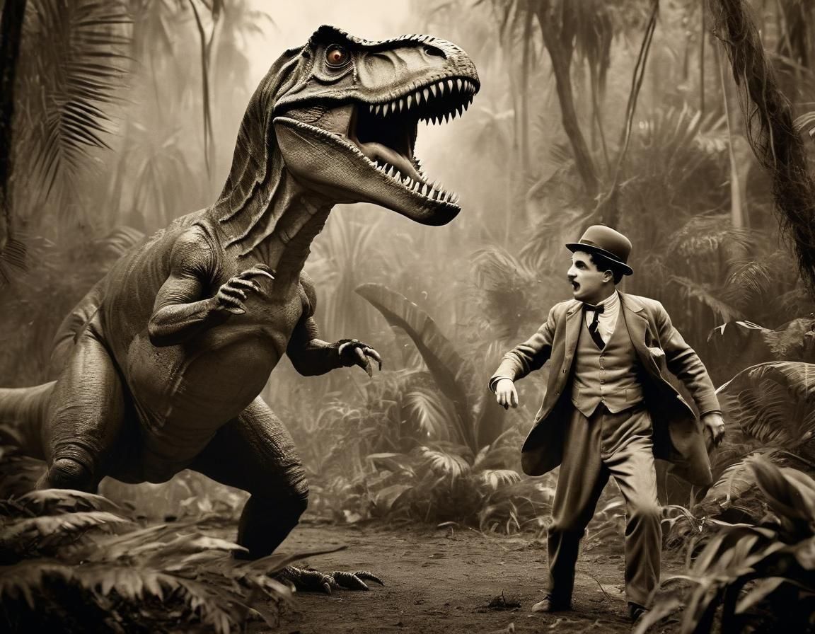 Chaplin Versus T-Rex: Sepia Photo From the 1900s