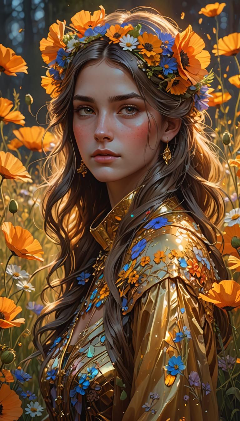 Golden Portrait of Olga with Wildflowers
