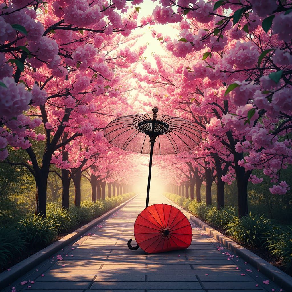 Dreamlike Cherry Blossom Walkway in Fantasy Concept Art Styl...