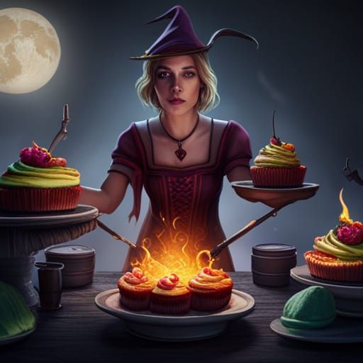 Whimsical Witch Baking Cupcakes in Fantasy Art
