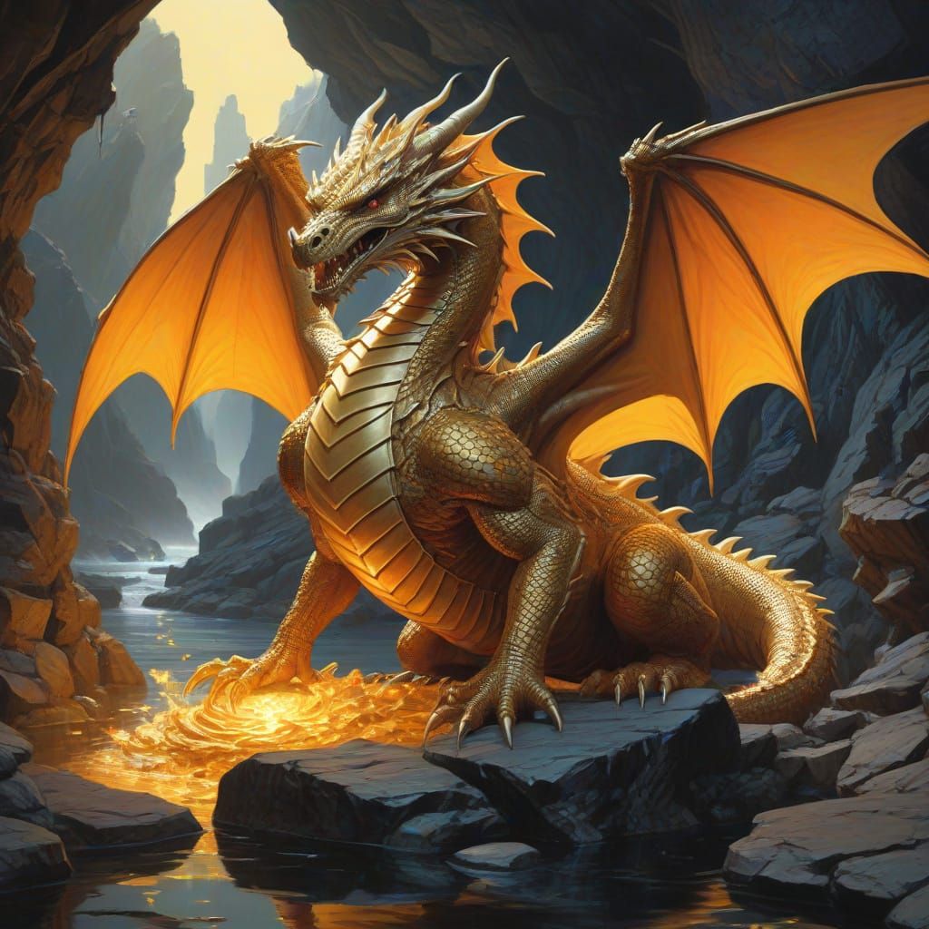 Molten Gold Dragon Guards Liquid Silver Hoard