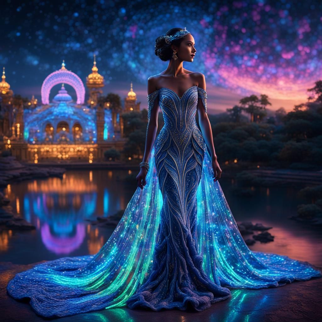 Neon Goddess in Ornate Glowing Gown