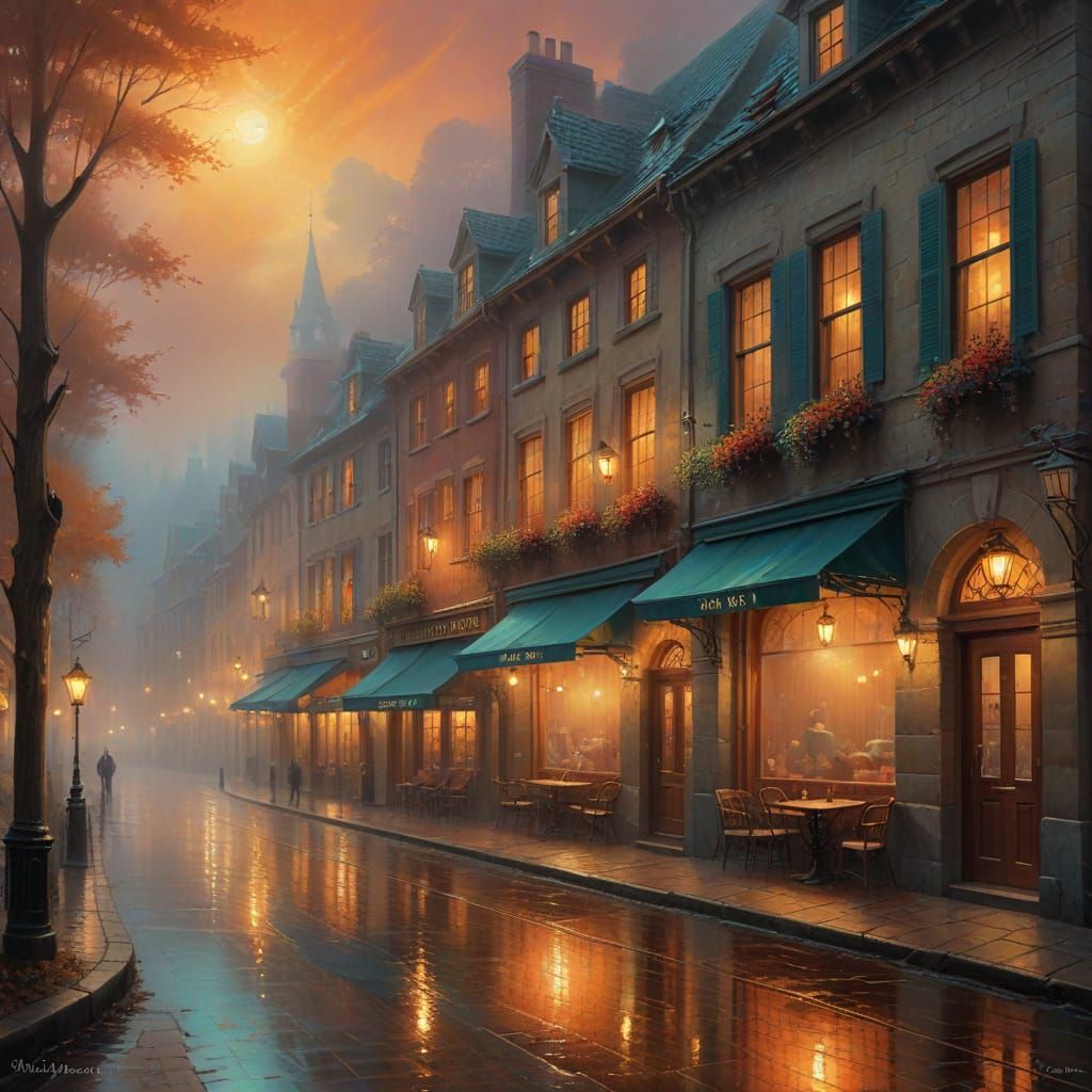 Whimsical European Village Street Scene