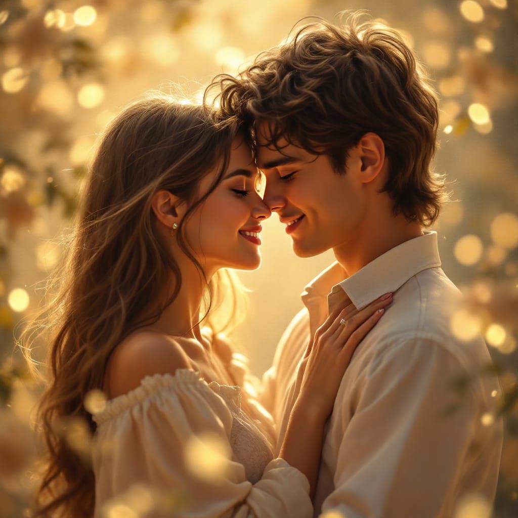 Young Lovers Embrace in Golden Light, Romantic Realism Style