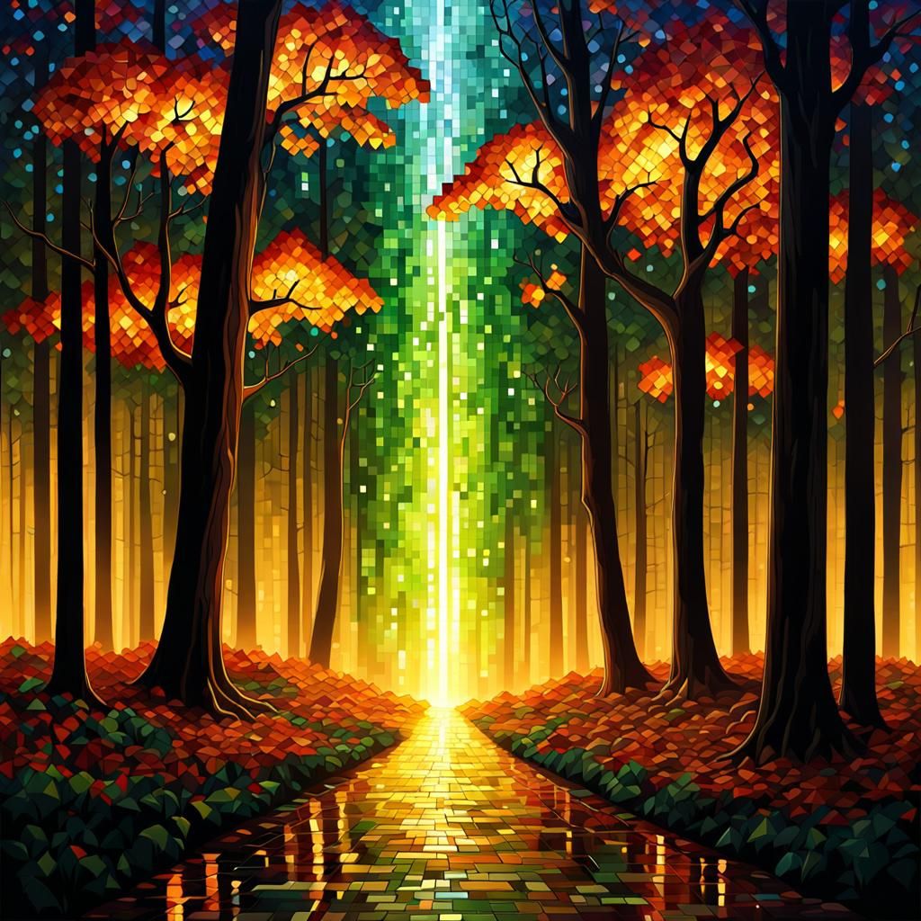 Gemstone Mosaic Waterfall Path in Detailed Comic Art Style